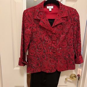 Festive red and black and silver swirls jacket! With black satin pants
